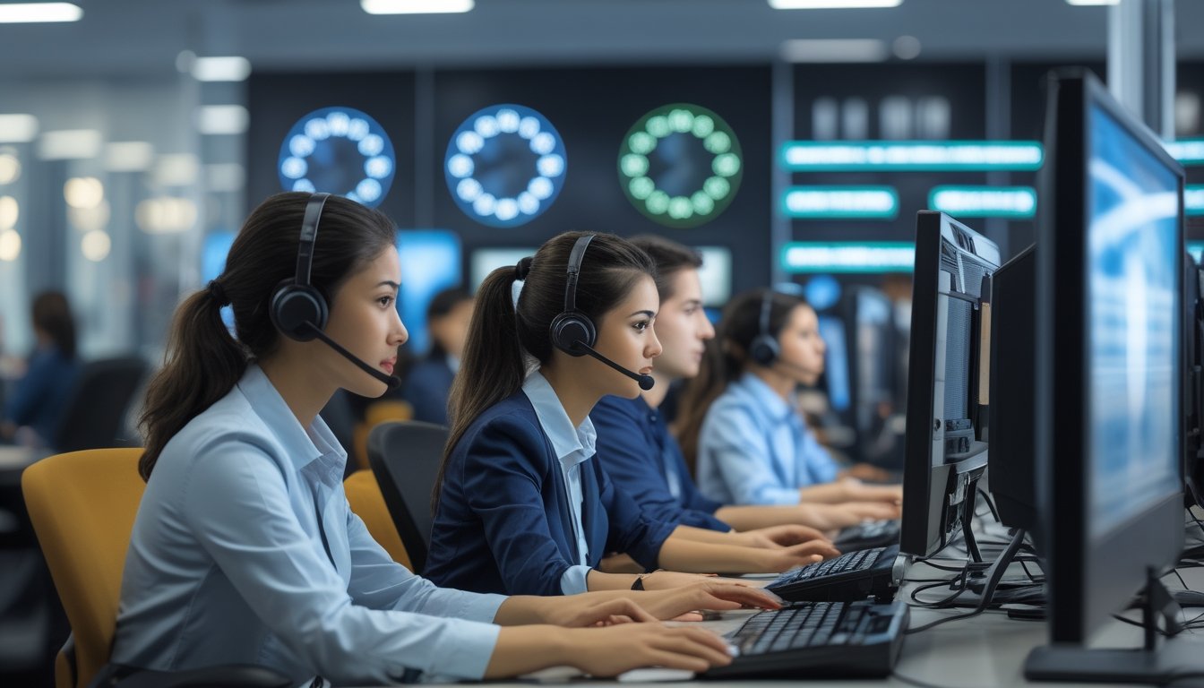 Sejumlah petugas layanan pelanggan dengan headset bekerja di pusat panggilan yang modern, menunjukkan layanan nonstop 24 jam.