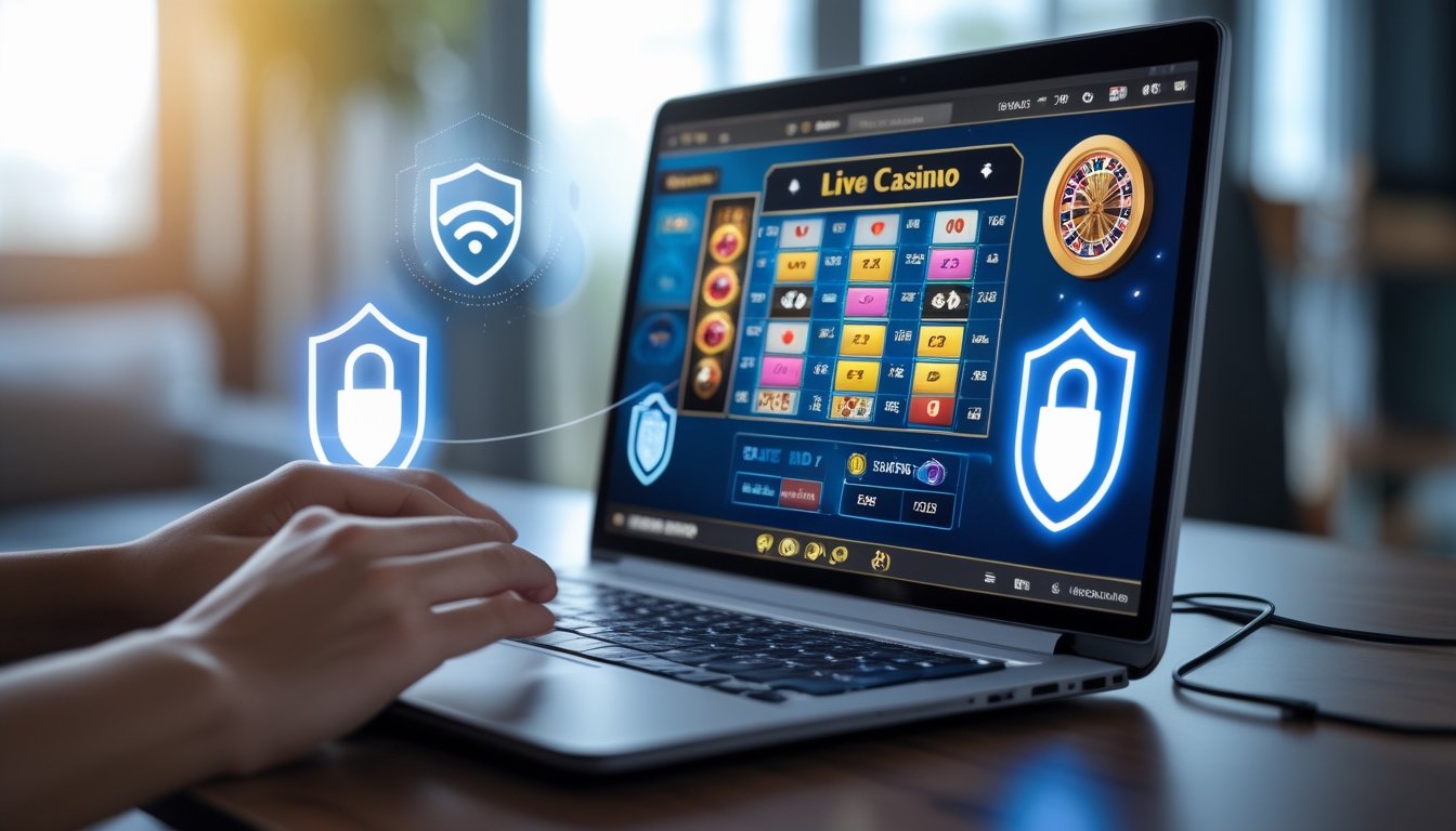Seorang pengguna sedang melihat layar laptop yang menampilkan permainan kasino langsung dengan simbol keamanan seperti gembok digital dan sidik jari di latar belakang yang nyaman.