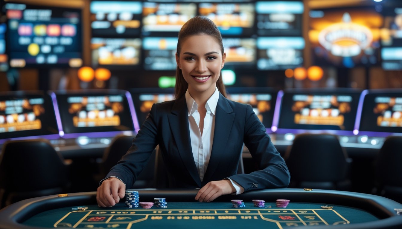 Seorang dealer profesional duduk di meja kasino dengan kartu dan chip, di latar belakang layar menampilkan permainan kasino secara langsung.