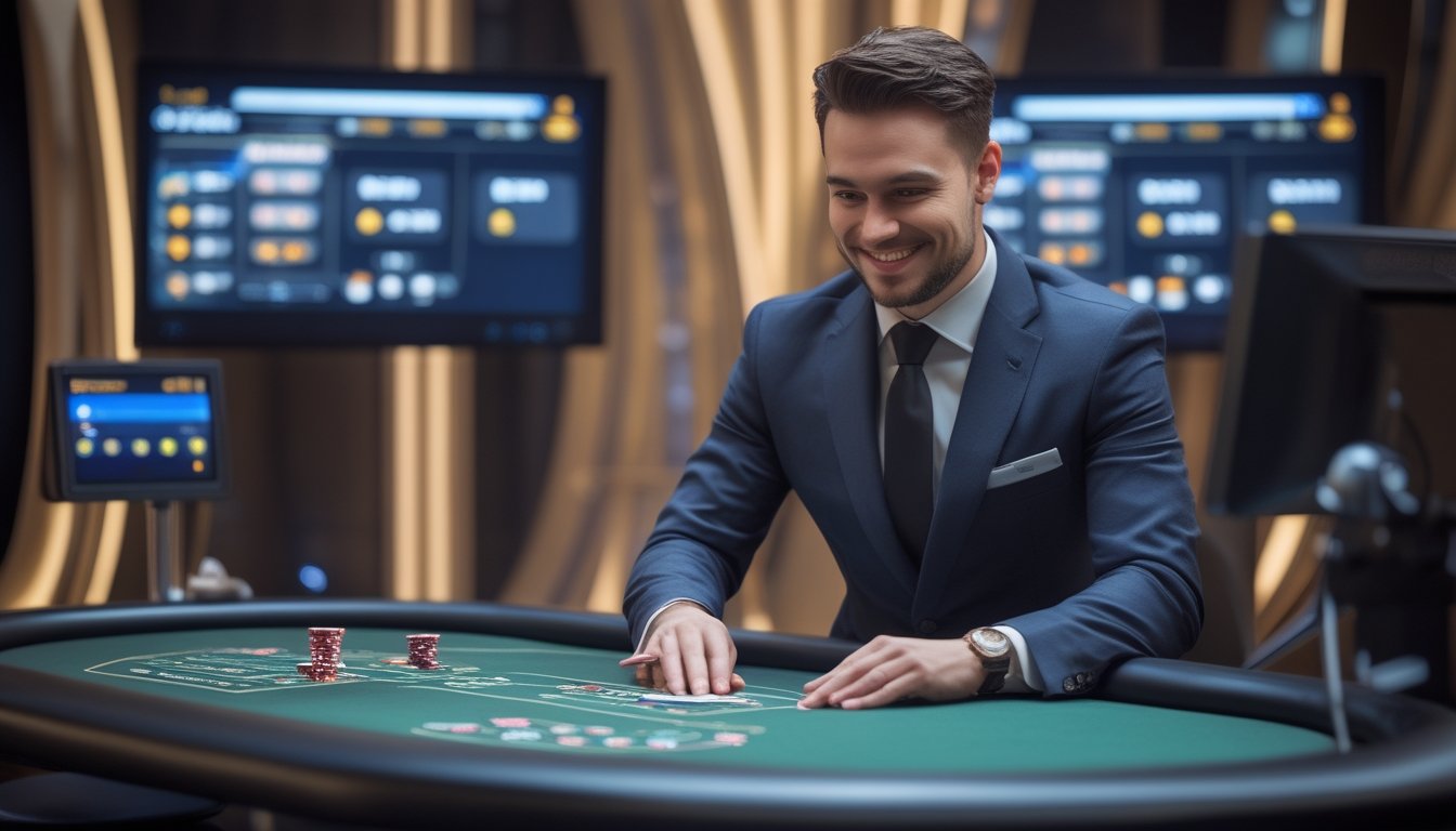 Seorang dealer profesional sedang membagikan kartu di meja permainan kasino live dengan latar studio modern dan peralatan teknologi.