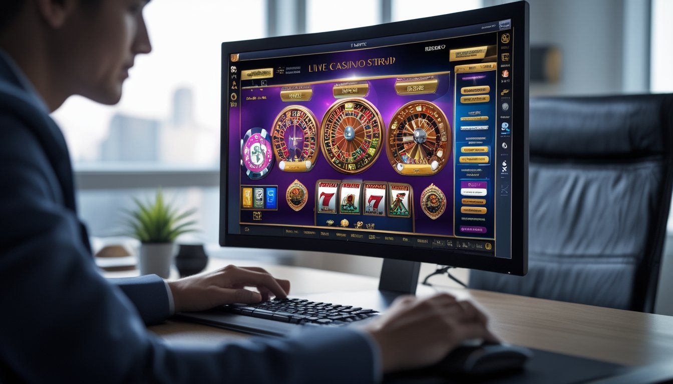 Seseorang bermain game kasino online di komputer dengan layar besar yang menampilkan grafik permainan yang jelas dan warna-warni.
