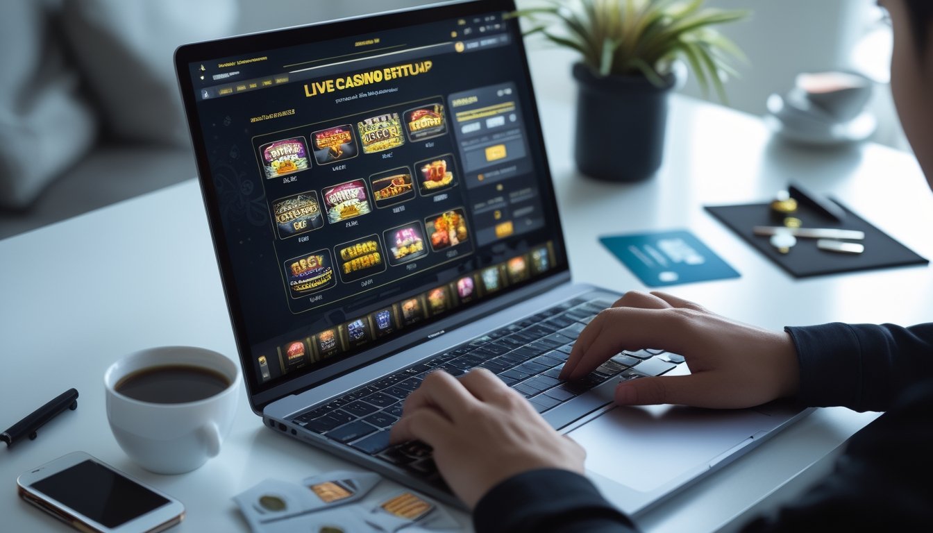 Seseorang sedang menggunakan laptop di meja kerja dengan ponsel dan kartu kredit di sampingnya, menyiapkan akun untuk bermain di situs live casino online.