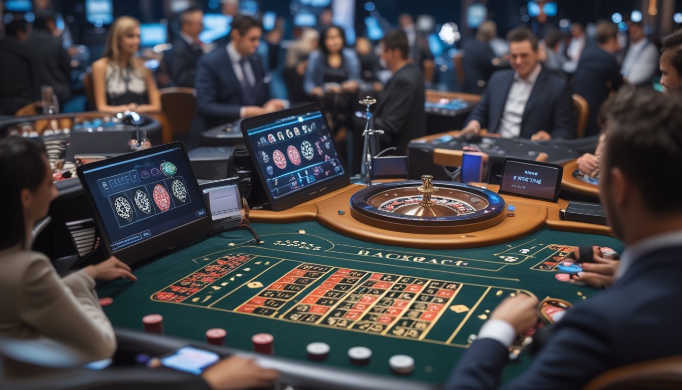 Suasana kasino online dengan meja Baccarat, Roulette, dan Blackjack serta dealer yang sedang bertugas.