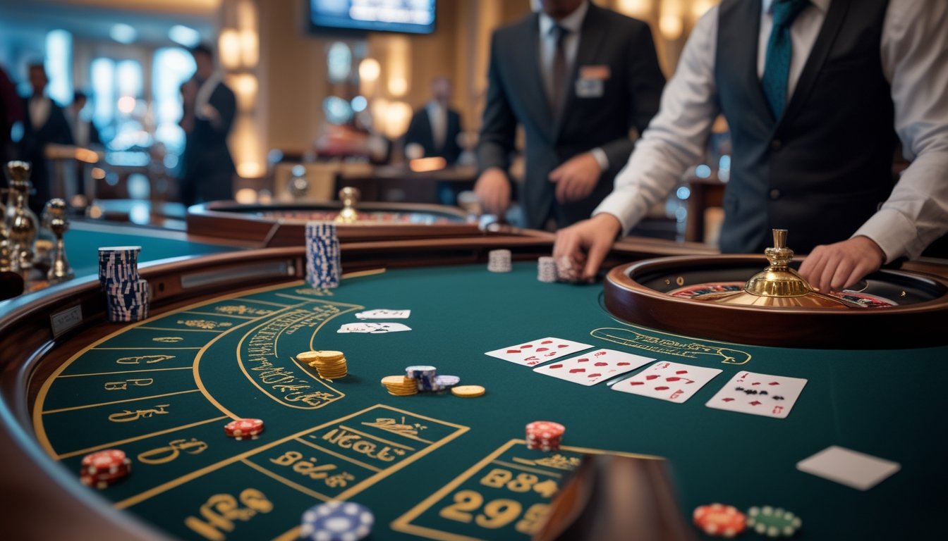 Suasana meja kasino langsung dengan dealer dan pemain yang bermain Baccarat, Roulette, dan Blackjack.