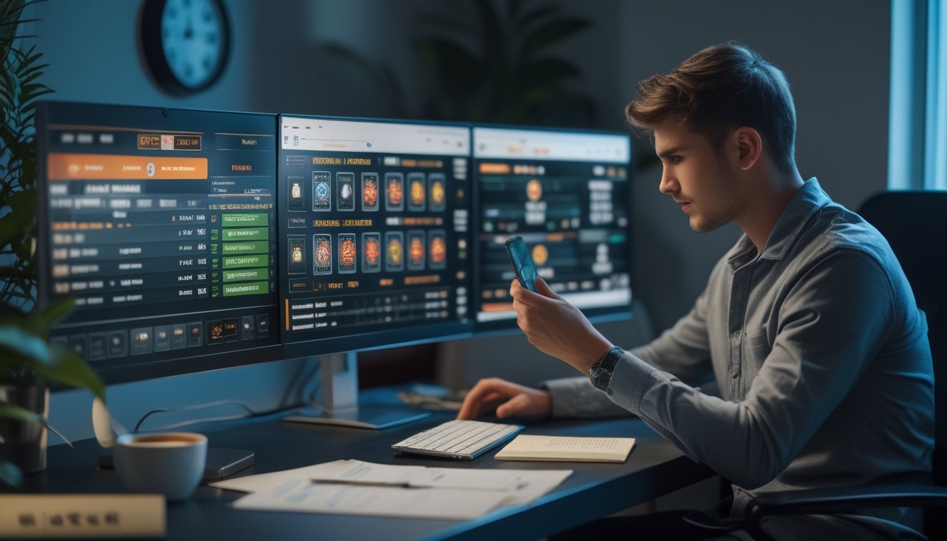 Seorang pria muda duduk di meja modern dengan beberapa layar digital menampilkan permainan kasino online, tampak fokus dan sedang menganalisis data sambil memegang ponsel.