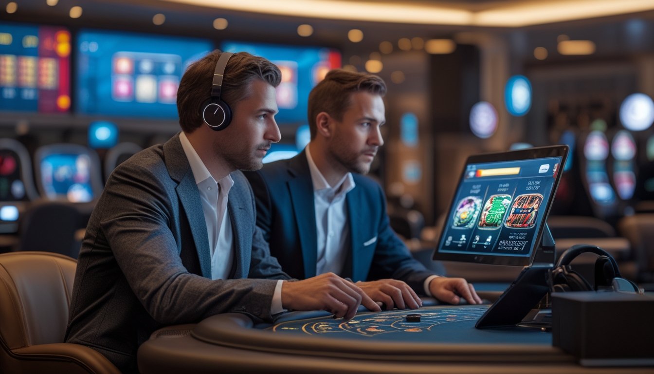 Dua orang dewasa sedang bermain permainan live casino online dengan fokus di sebuah meja kasino modern.