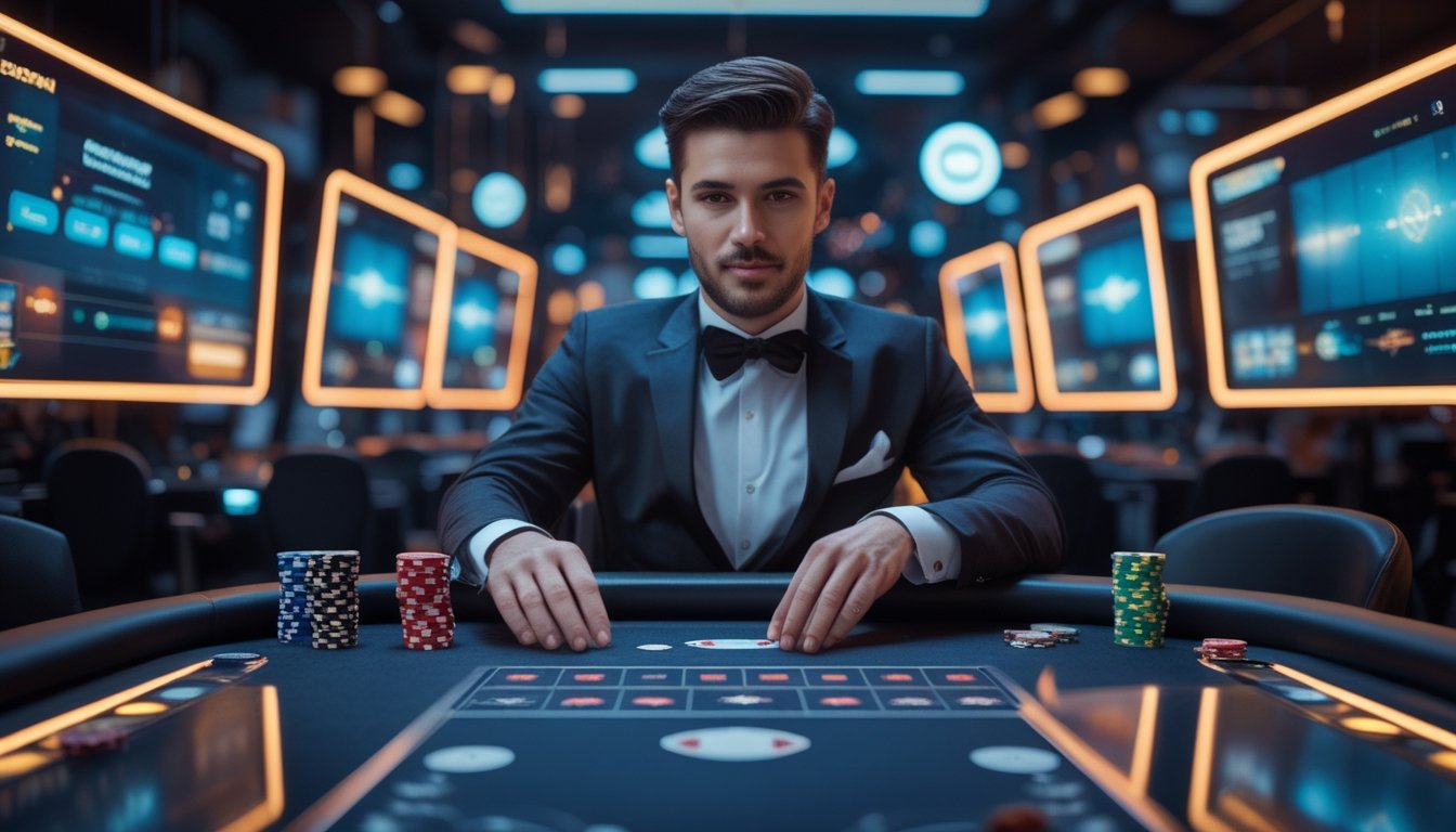 Seorang dealer kasino langsung yang profesional sedang bermain kartu di meja kasino dengan layar digital di sekitarnya menampilkan permainan kasino online.