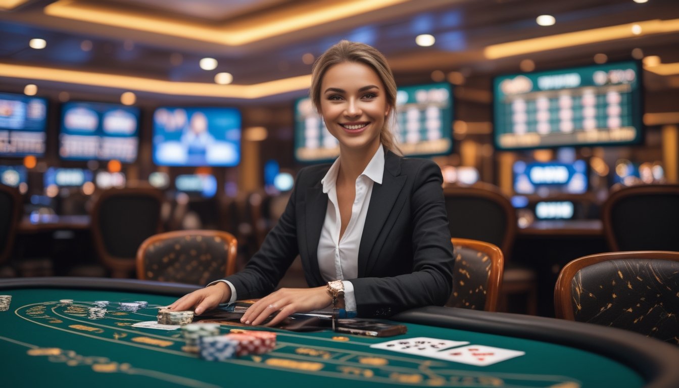 Seorang dealer casino profesional tersenyum di meja casino dengan latar belakang layar permainan casino langsung.