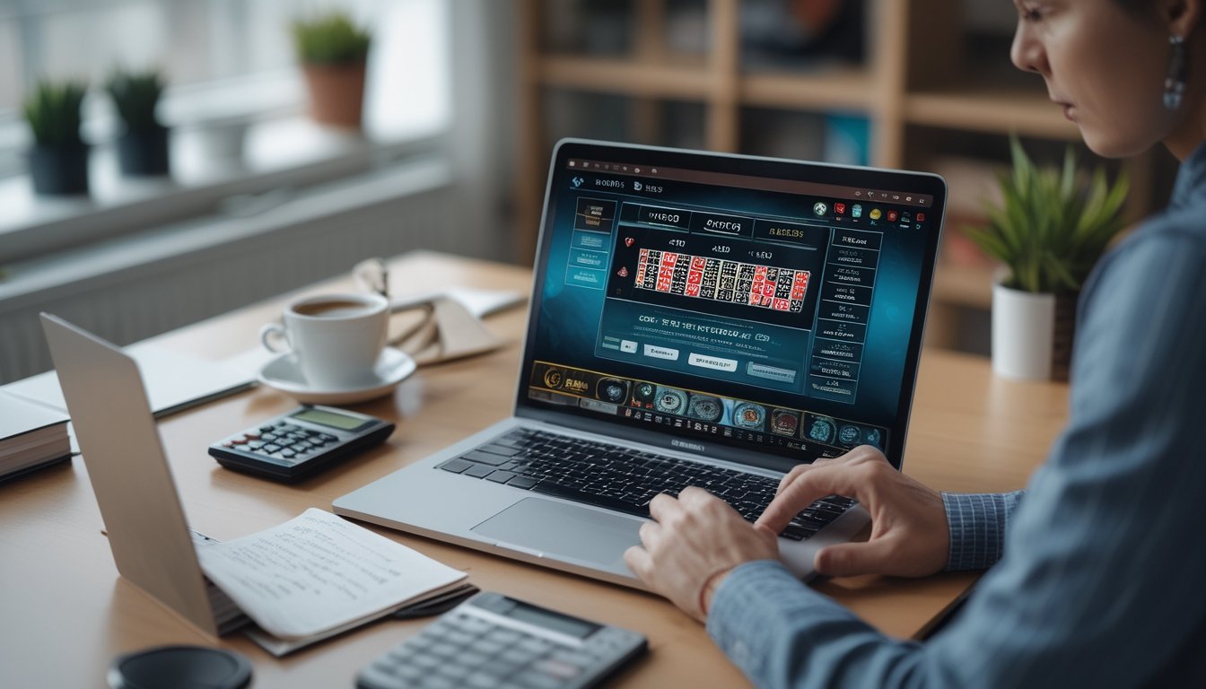 Seseorang duduk di meja dengan laptop, mengelola modal saat bermain live casino online dengan suasana tenang dan teratur.