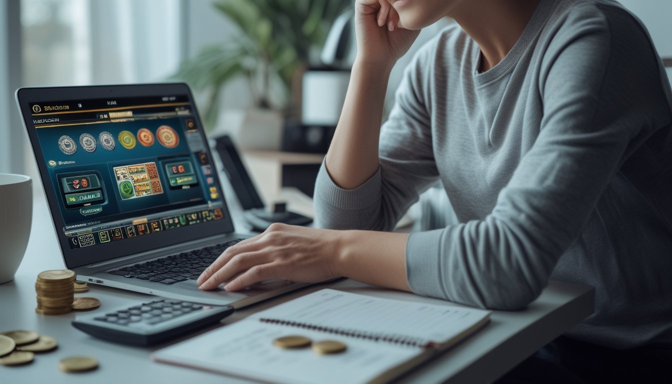 Seseorang duduk di meja dengan laptop, buku catatan, dan alat hitung, sedang mengatur modal untuk bermain kasino online.
