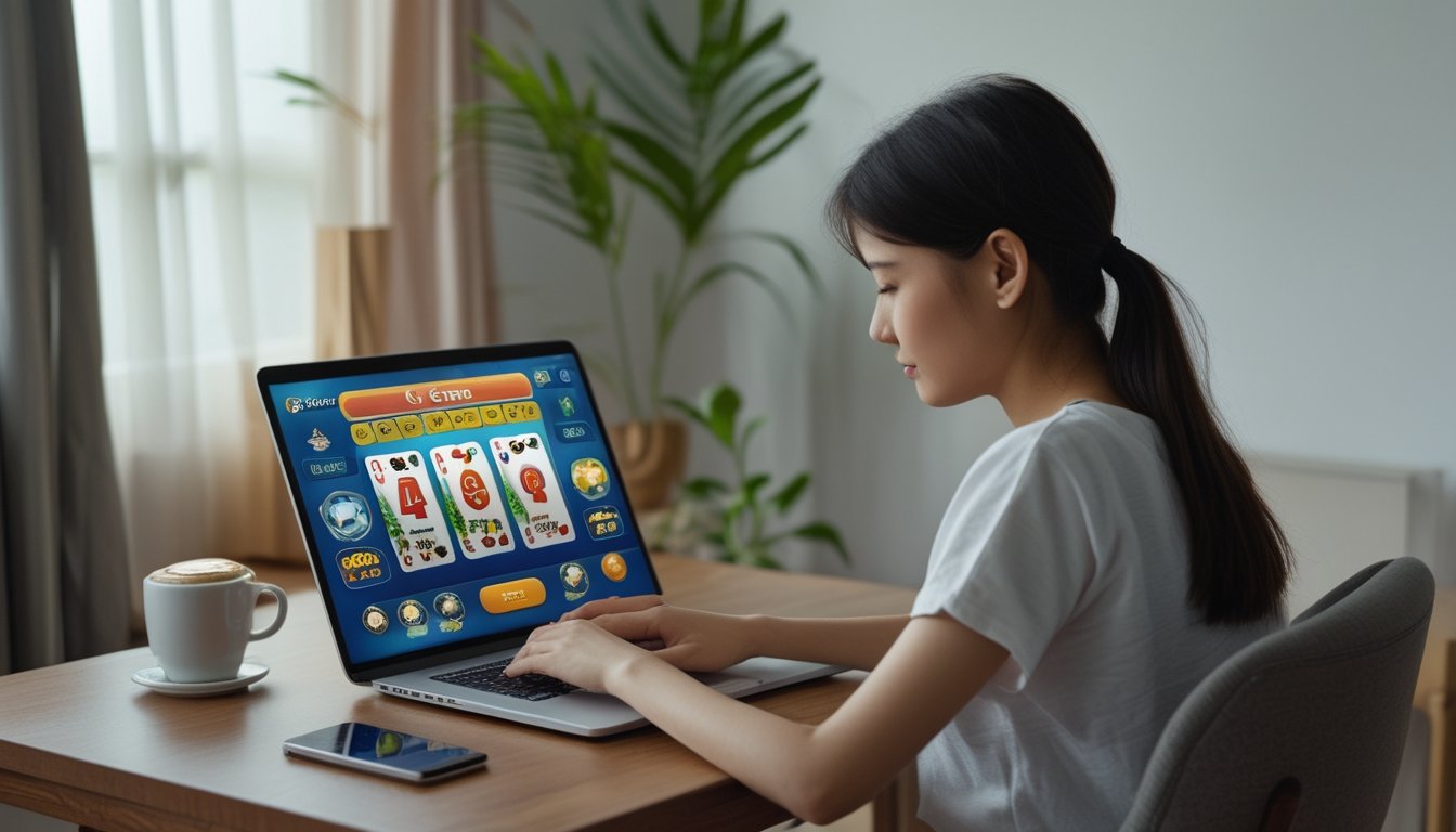 Seorang pemula bermain permainan kartu Ceme online menggunakan laptop di meja kayu dengan suasana rumah yang nyaman.