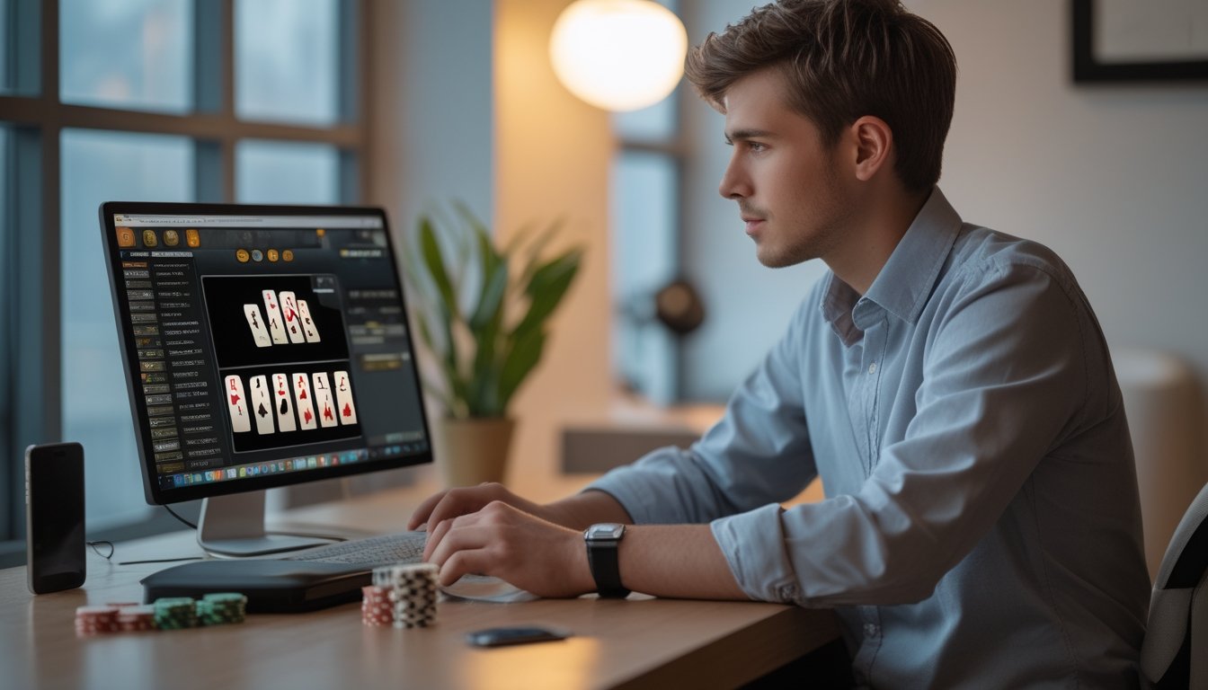 Seorang pria muda duduk di meja dengan laptop, fokus bermain permainan kartu online di ruangan yang nyaman dan terang.