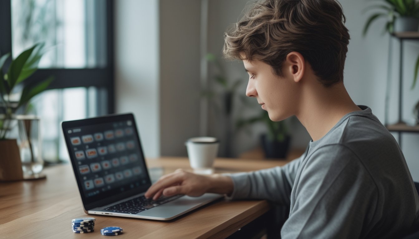 Seseorang duduk di meja dengan laptop, bermain permainan kartu online di dalam ruangan yang nyaman dan terang.