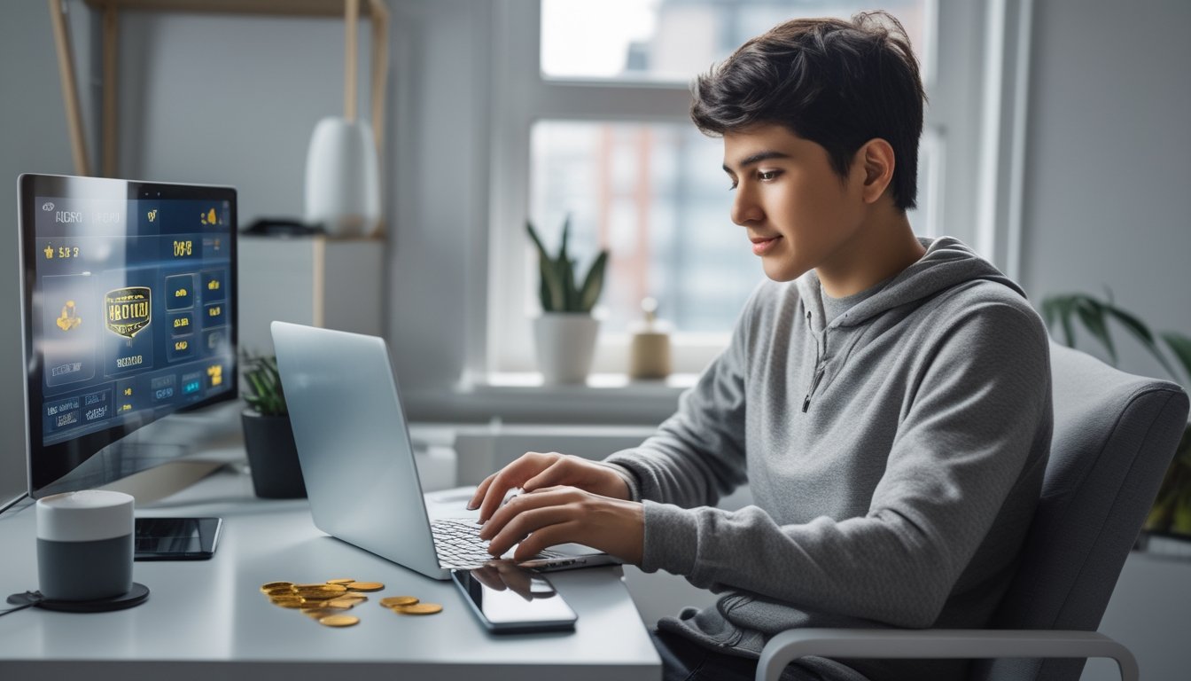 Seorang dewasa muda duduk di meja modern menggunakan laptop dengan tampilan permainan online, di sampingnya terdapat tumpukan uang kecil, di ruangan yang terang dan nyaman.
