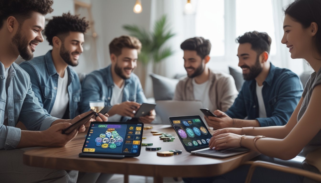 Sekelompok orang muda sedang bermain game online di ruang tamu dengan perangkat digital yang menampilkan permainan dan simbol koin virtual.
