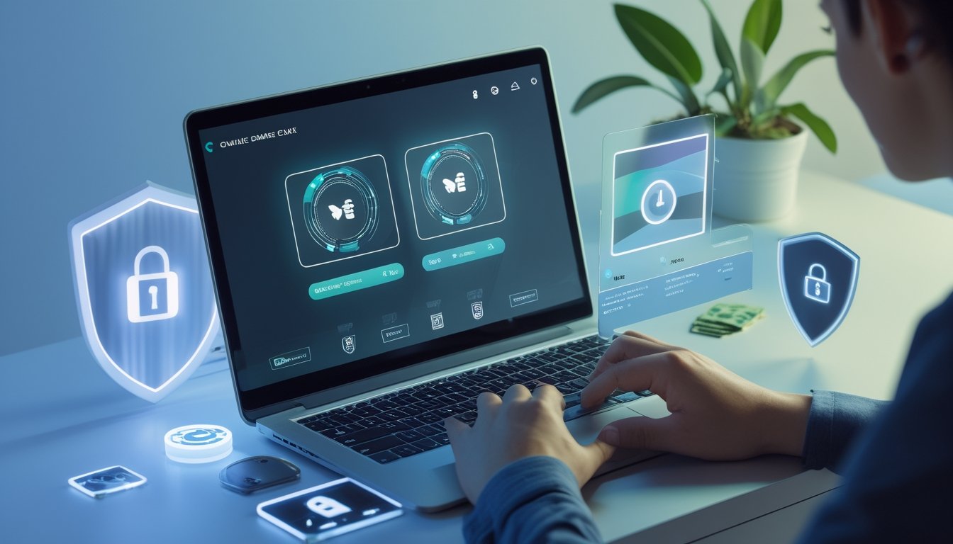 Seorang pengguna laptop sedang mengakses platform permainan Ceme online dengan suasana kerja yang modern dan aman.