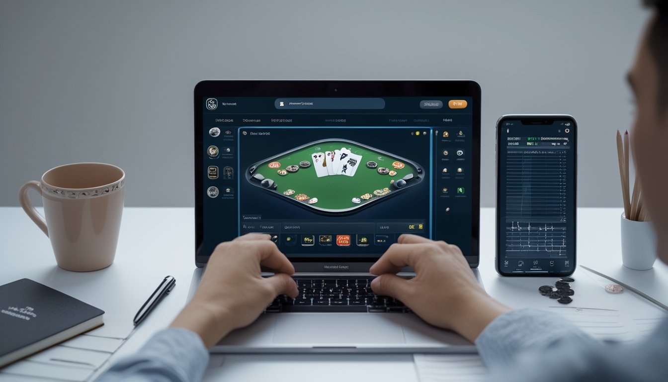 Seorang pria duduk di depan laptop yang menampilkan permainan kartu online, dengan buku catatan dan ponsel di meja, terlihat fokus dan sedang merencanakan strategi.
