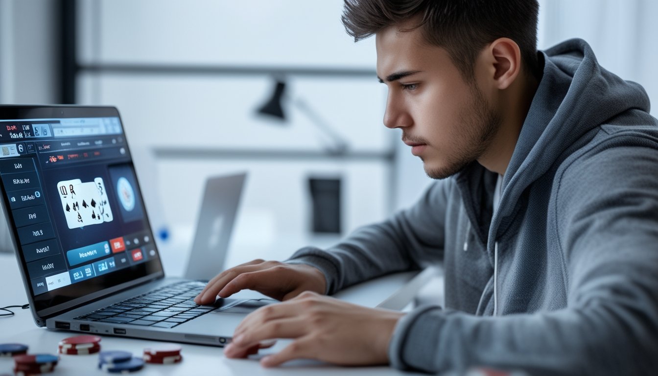 Seorang pria muda fokus bermain permainan kartu online di depan laptop dengan chip poker dan kartu di meja.