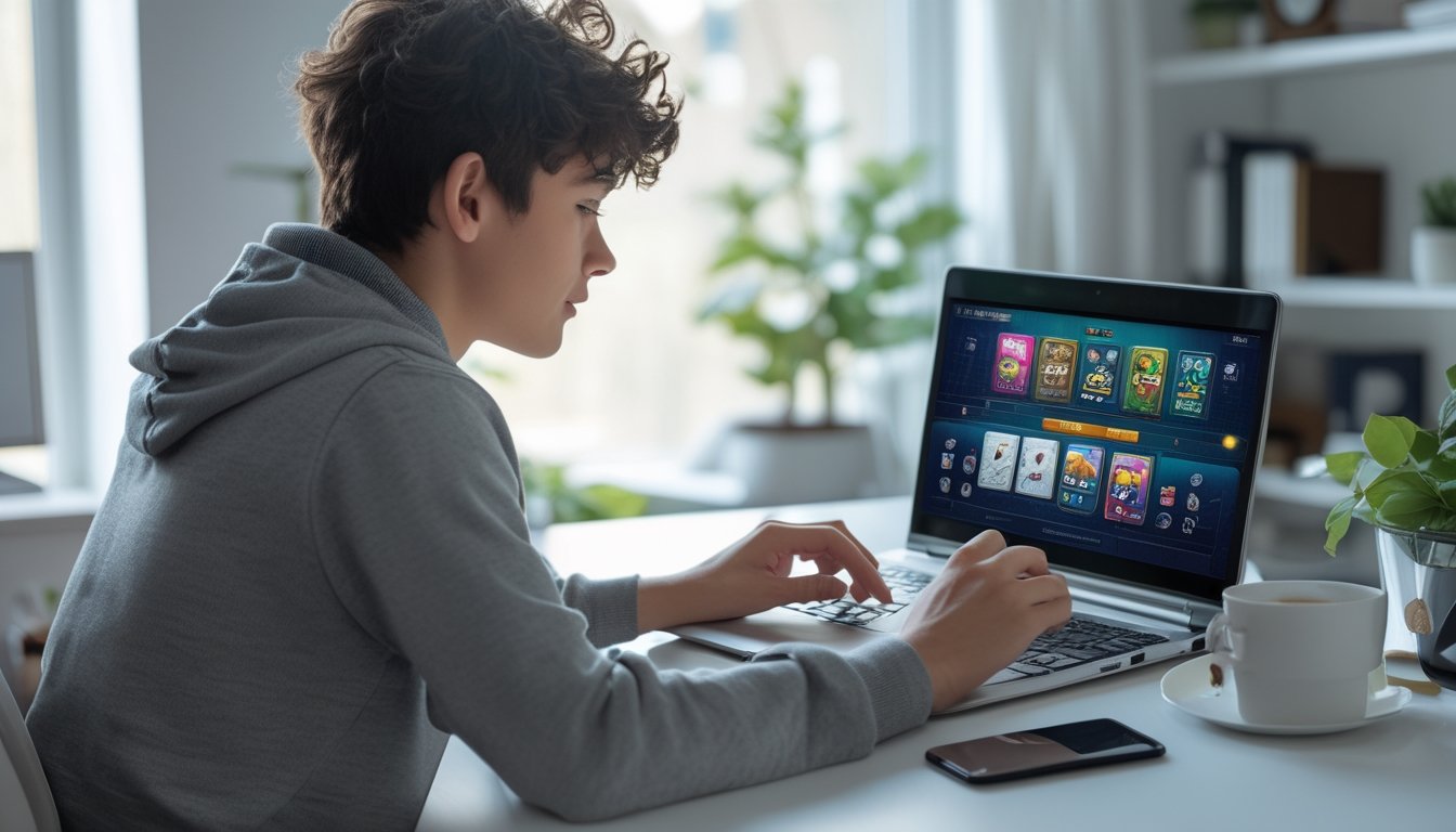 Seorang dewasa muda sedang duduk di meja kerja menggunakan laptop untuk bermain permainan kartu online di ruangan yang nyaman dengan pencahayaan alami.
