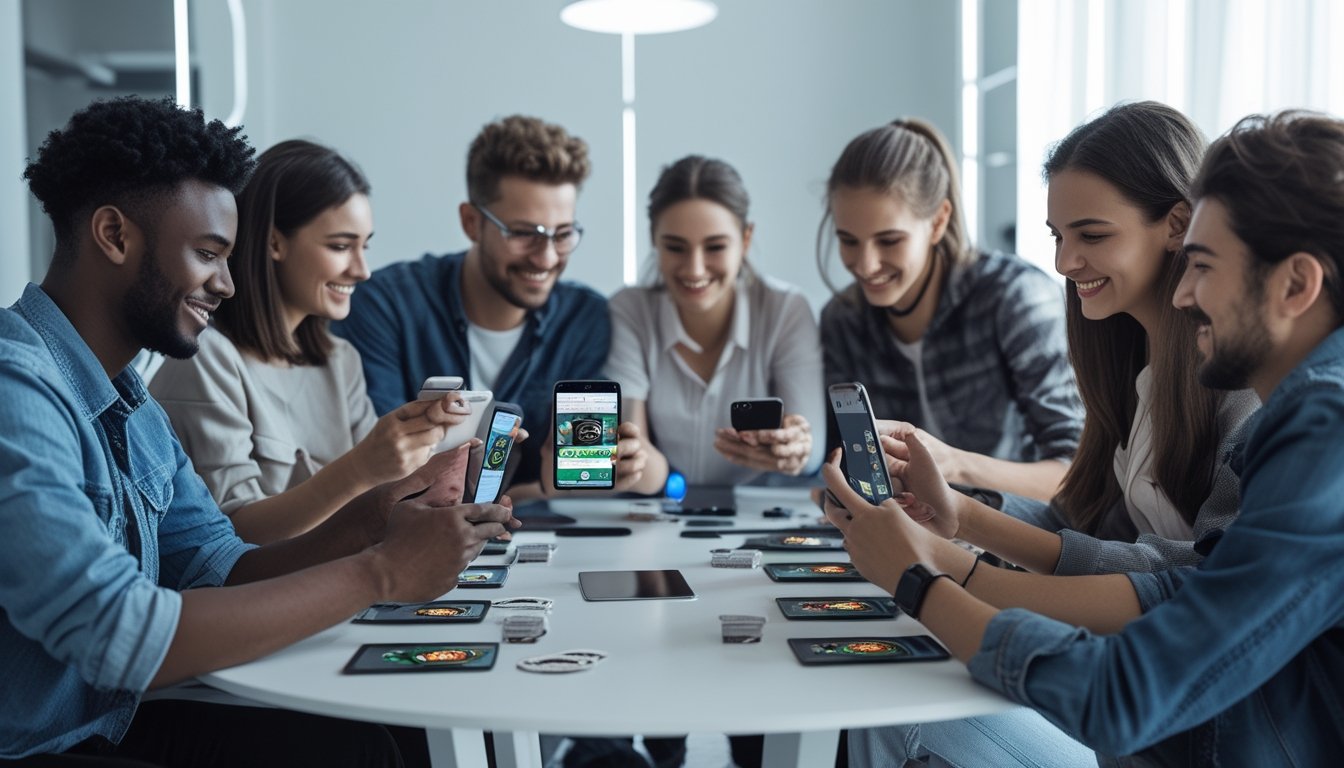 Sekelompok orang muda sedang bermain permainan kartu online dengan perangkat digital di meja modern.