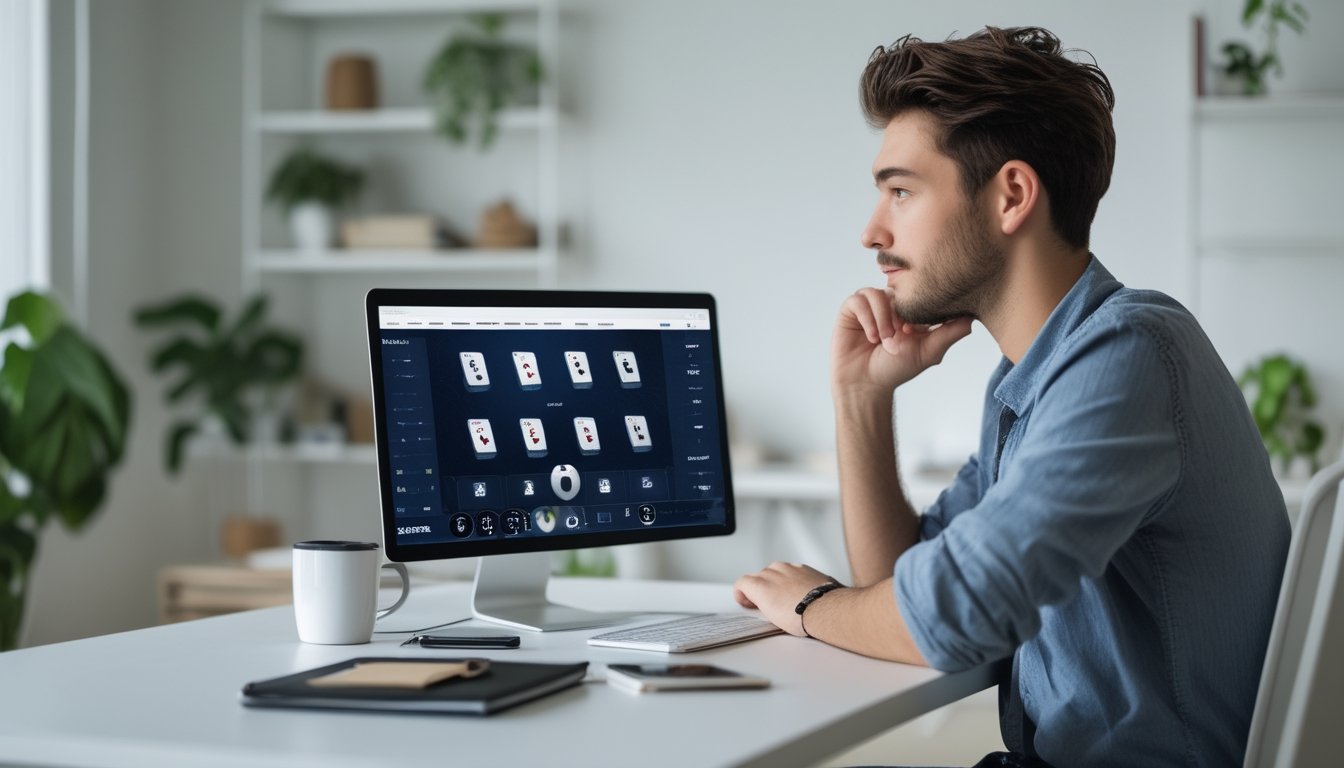 Seorang pria muda duduk di meja dengan laptop yang menampilkan permainan kartu online, terlihat fokus dan serius bermain di ruangan rumah yang rapi.