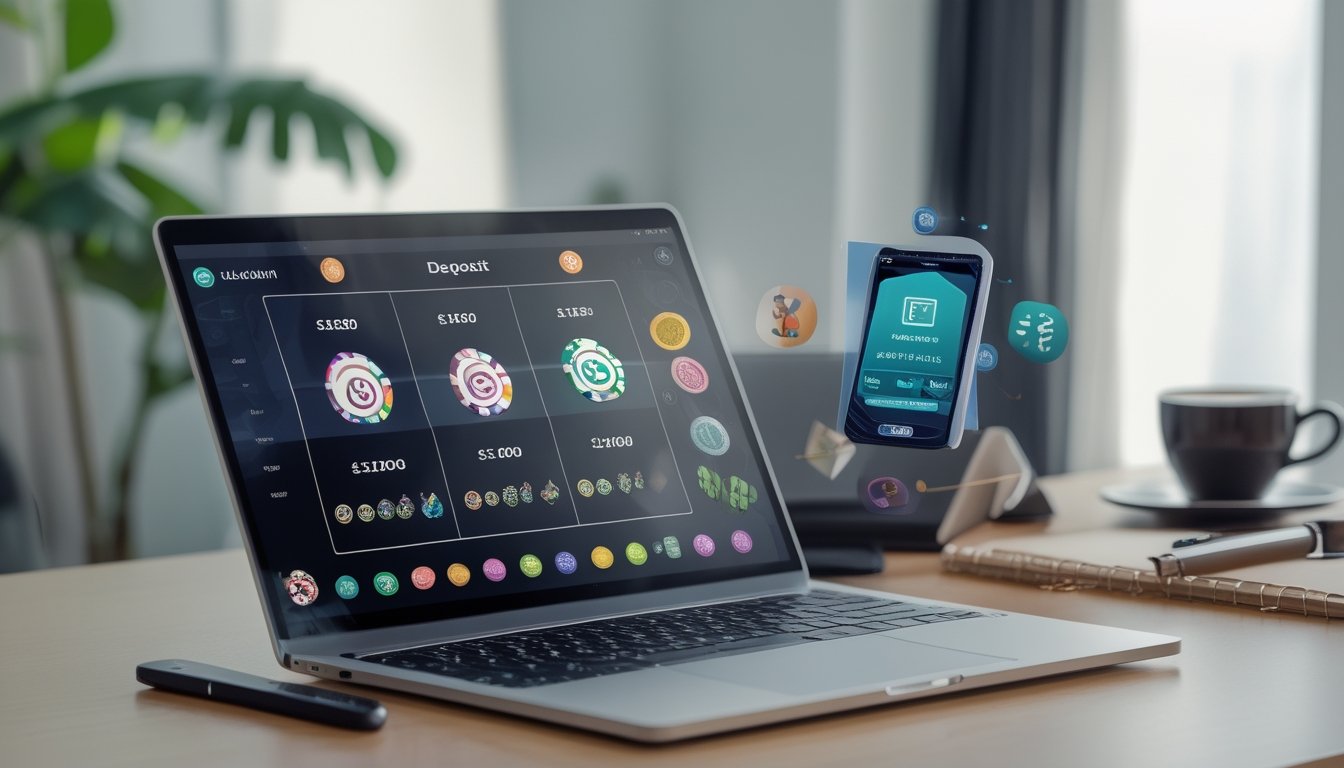 Seorang pengguna sedang menggunakan laptop dan ponsel untuk bermain permainan Ceme online dengan suasana ruang kerja yang rapi dan pencahayaan alami.
