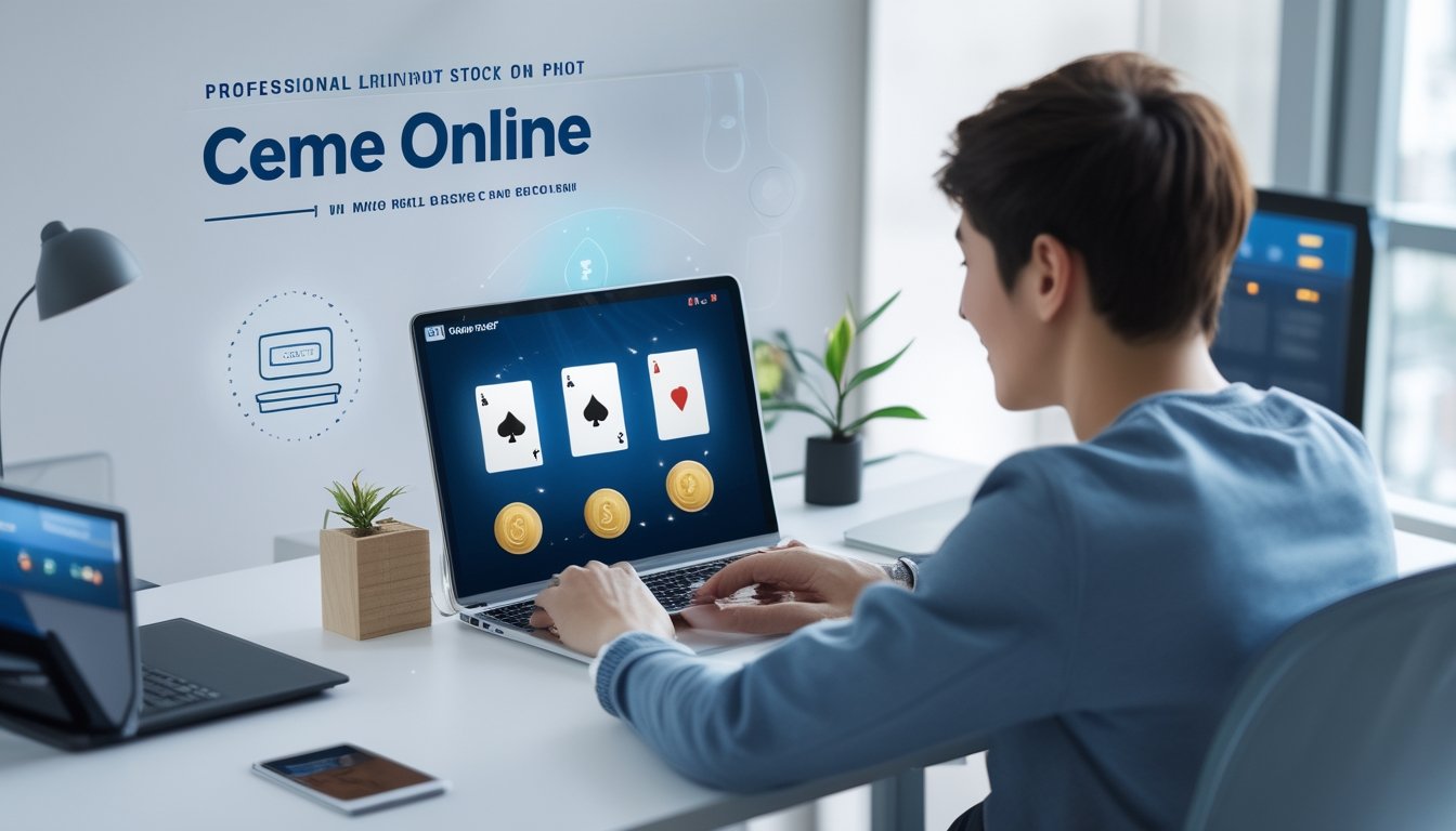Seorang dewasa muda duduk di depan laptop di ruang kerja yang rapi, sedang bermain permainan kartu online dengan suasana yang nyaman dan fokus.