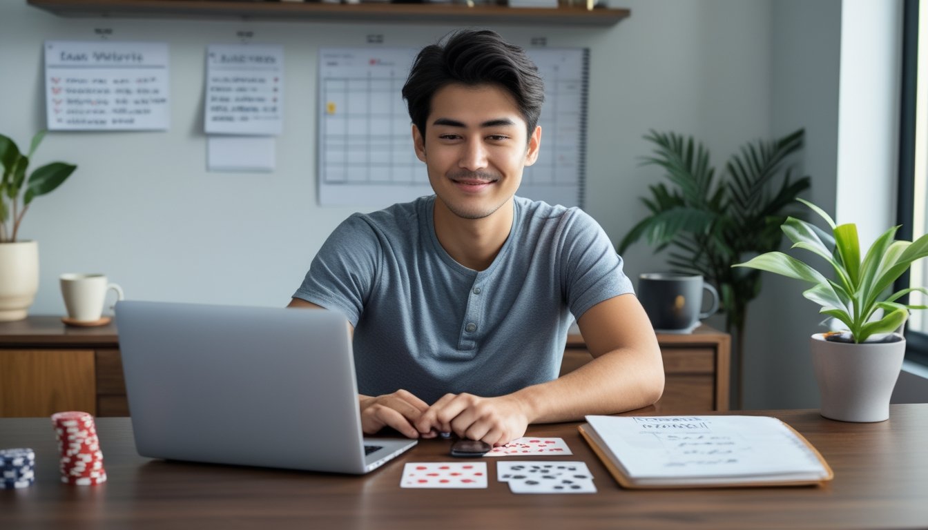 Seorang dewasa muda duduk di meja modern sambil bermain permainan kartu online di laptop dengan suasana ruangan yang rapi dan tenang.