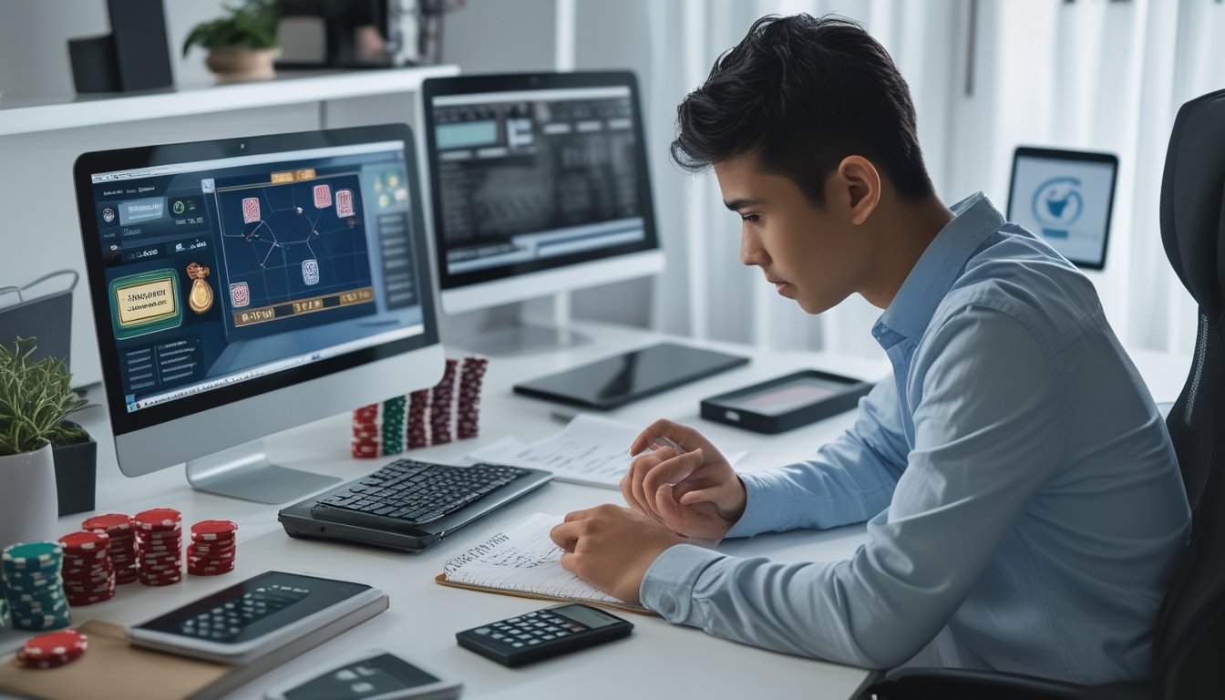 Seseorang duduk di meja dengan laptop dan chip poker kecil, sedang mengatur modal untuk bermain Ceme online.