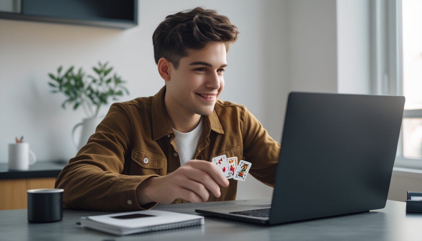 Seorang dewasa muda fokus bermain permainan kartu online di laptop di meja kerja yang rapi dan terang.