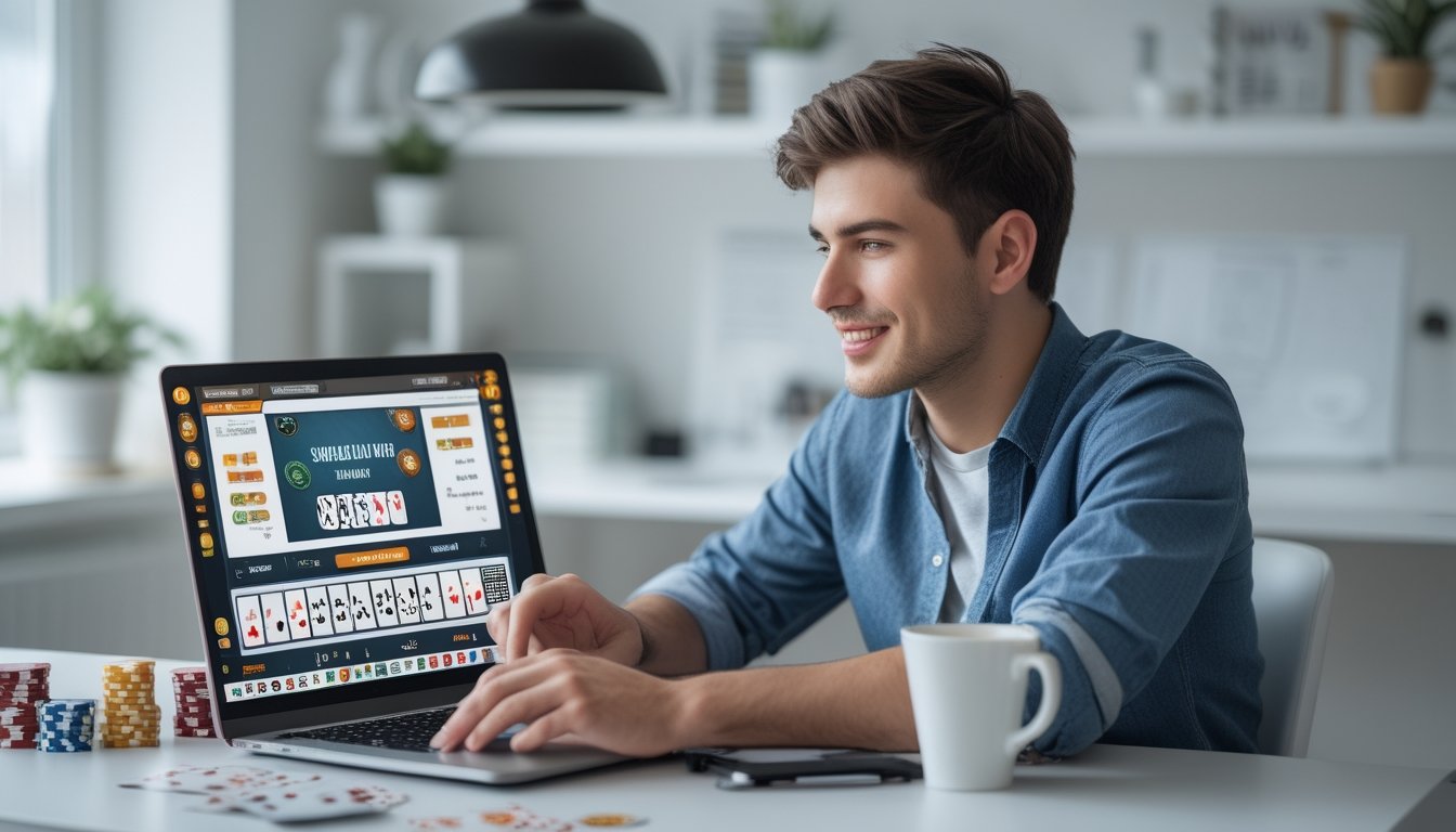 Seorang pria muda duduk di meja dengan laptop dan kartu remi, tampak fokus bermain permainan kartu online.