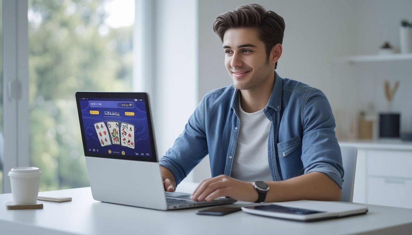 Seorang dewasa muda duduk di meja dengan laptop, fokus bermain permainan kartu online di ruangan yang terang dan rapi.
