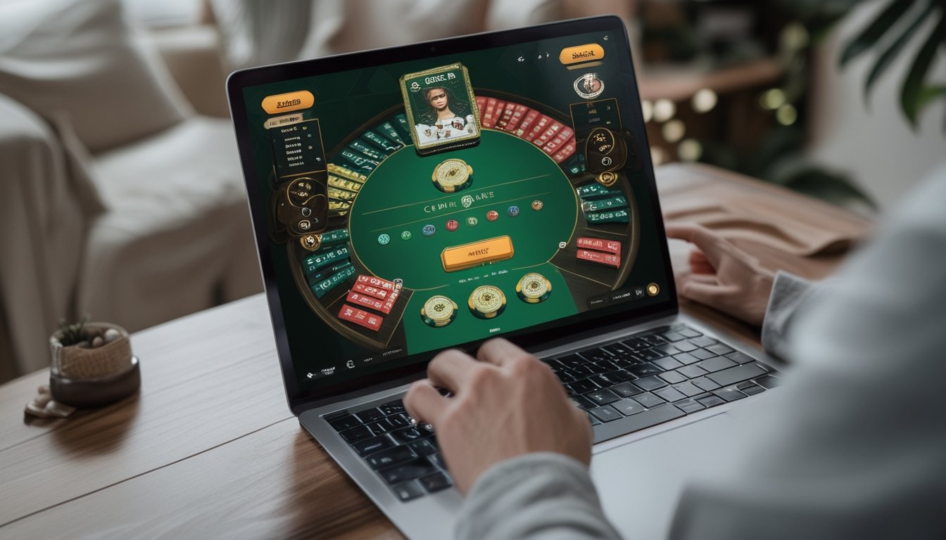 Seseorang menggunakan laptop dengan tampilan permainan kartu Ceme online di layar dalam suasana ruangan yang nyaman.