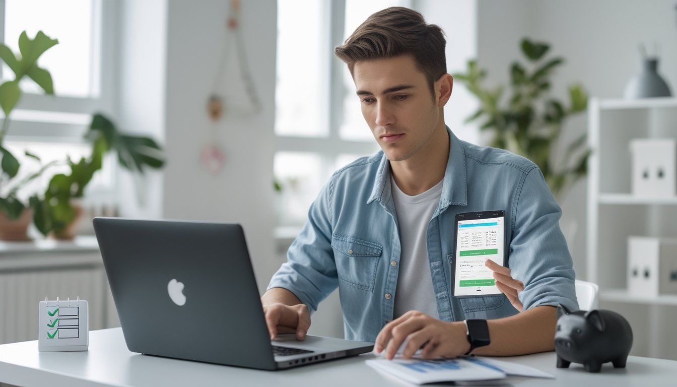 Seorang pria muda duduk di meja kerja dengan laptop terbuka menampilkan situs taruhan olahraga, di sekitarnya terdapat piggy bank dan kalkulator yang melambangkan taruhan yang aman dan terencana.