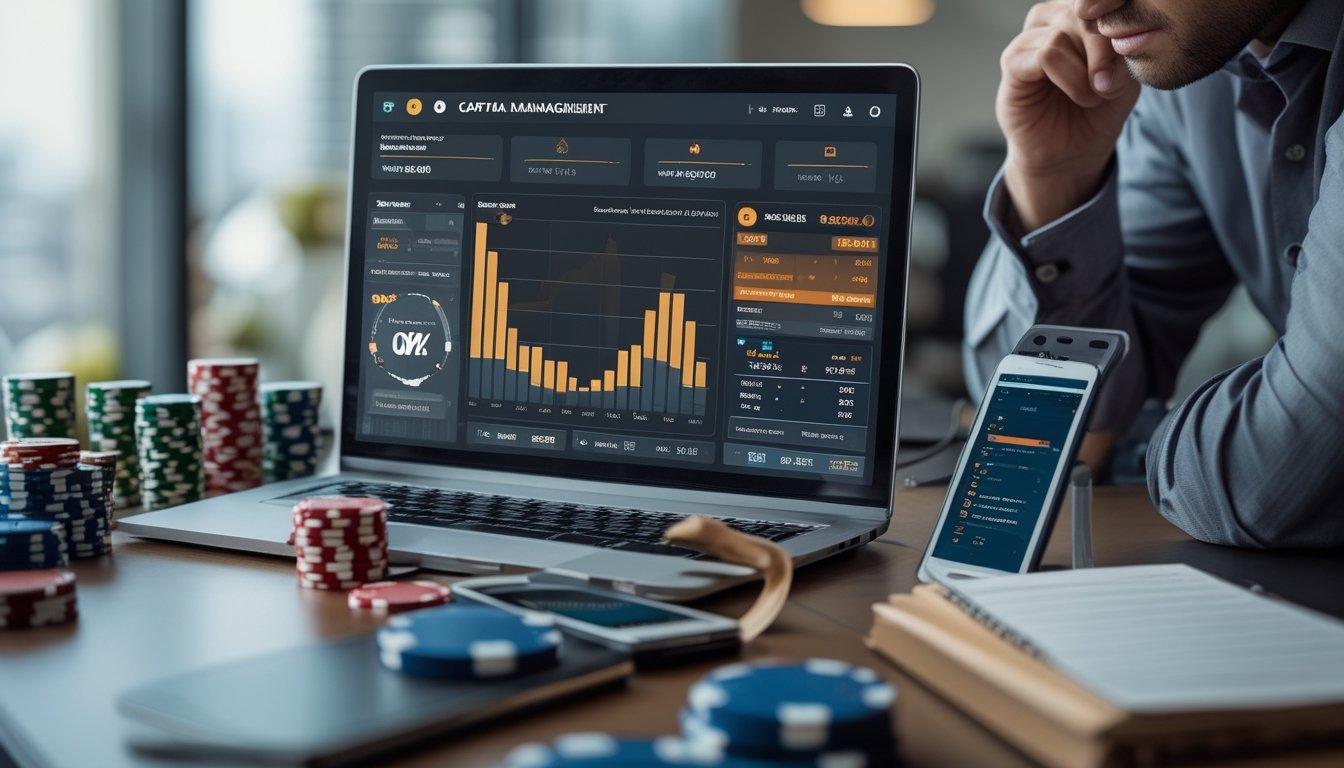 Seorang pria di meja kerja dengan laptop, kartu remi, dan chip poker, sedang menganalisis data untuk manajemen modal dalam permainan taruhan.