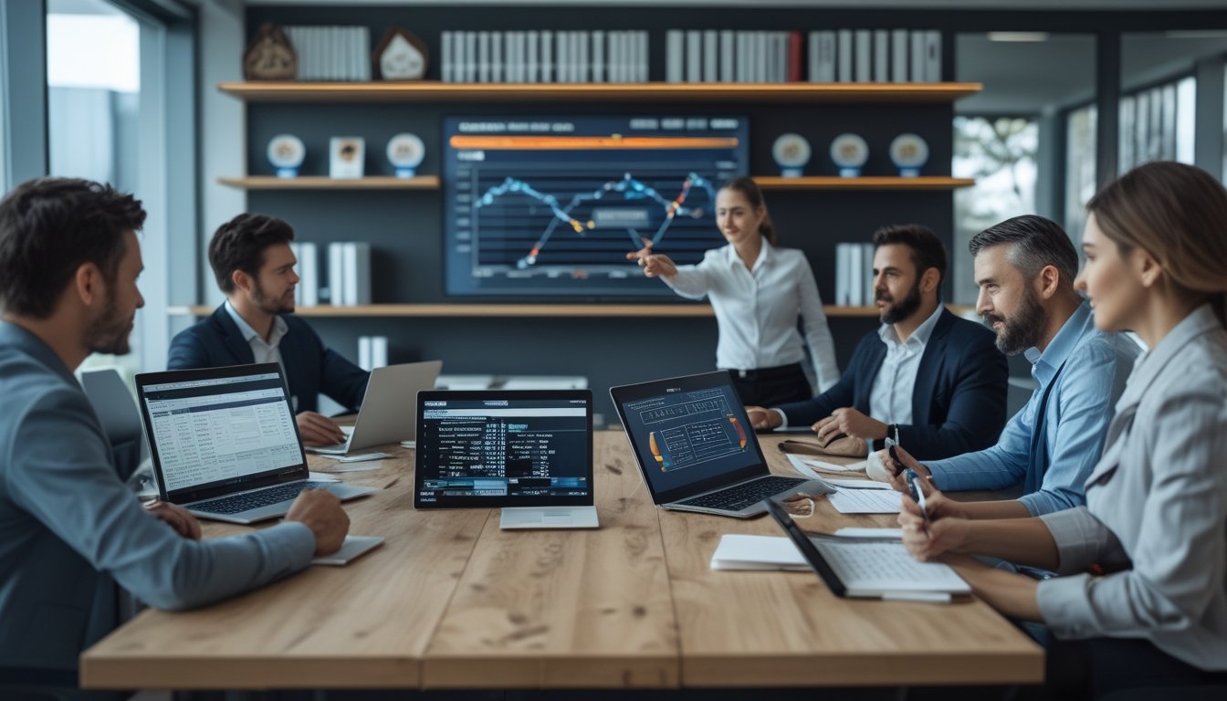 Sekelompok profesional sedang berdiskusi dan menganalisis data taruhan di ruang kantor modern.