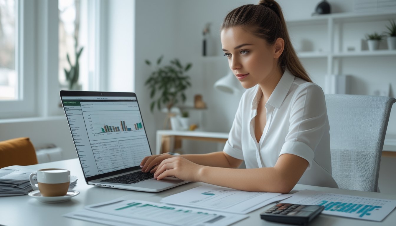 Seorang wanita muda duduk di meja kerja dengan laptop dan dokumen keuangan, fokus menganalisis grafik dan perhitungan.