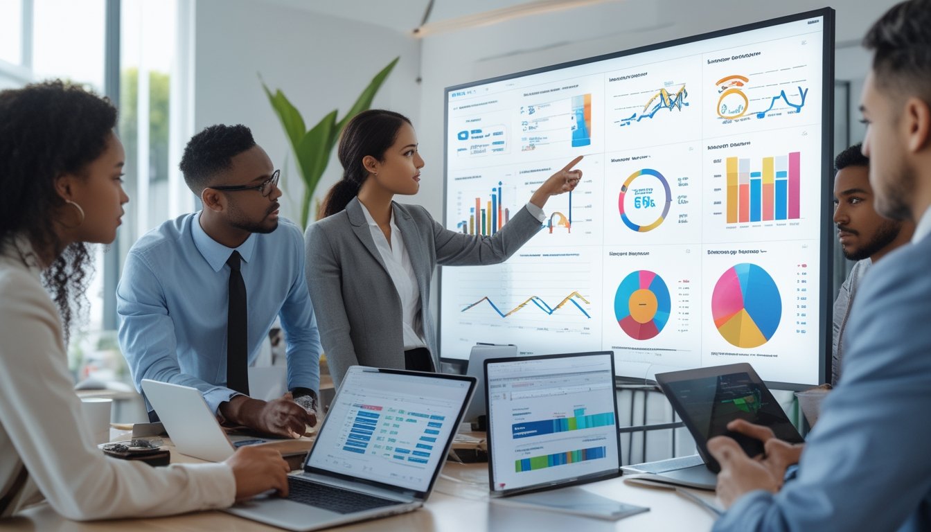 Sekelompok profesional bisnis sedang berdiskusi dan menganalisis data di kantor modern dengan layar besar menampilkan grafik dan diagram.