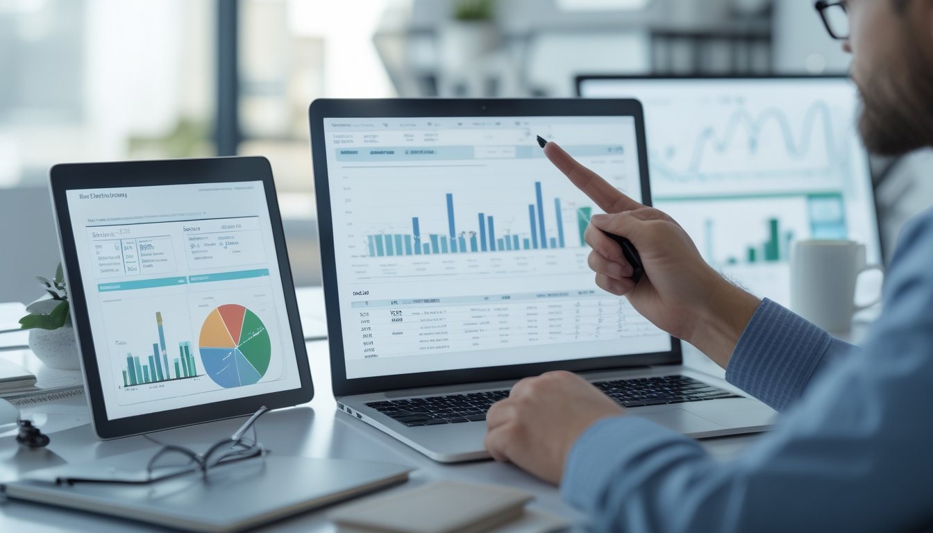 Seorang profesional sedang menganalisis data pada layar komputer di ruang kerja modern dengan grafik dan tabel terkait prediksi taruhan.