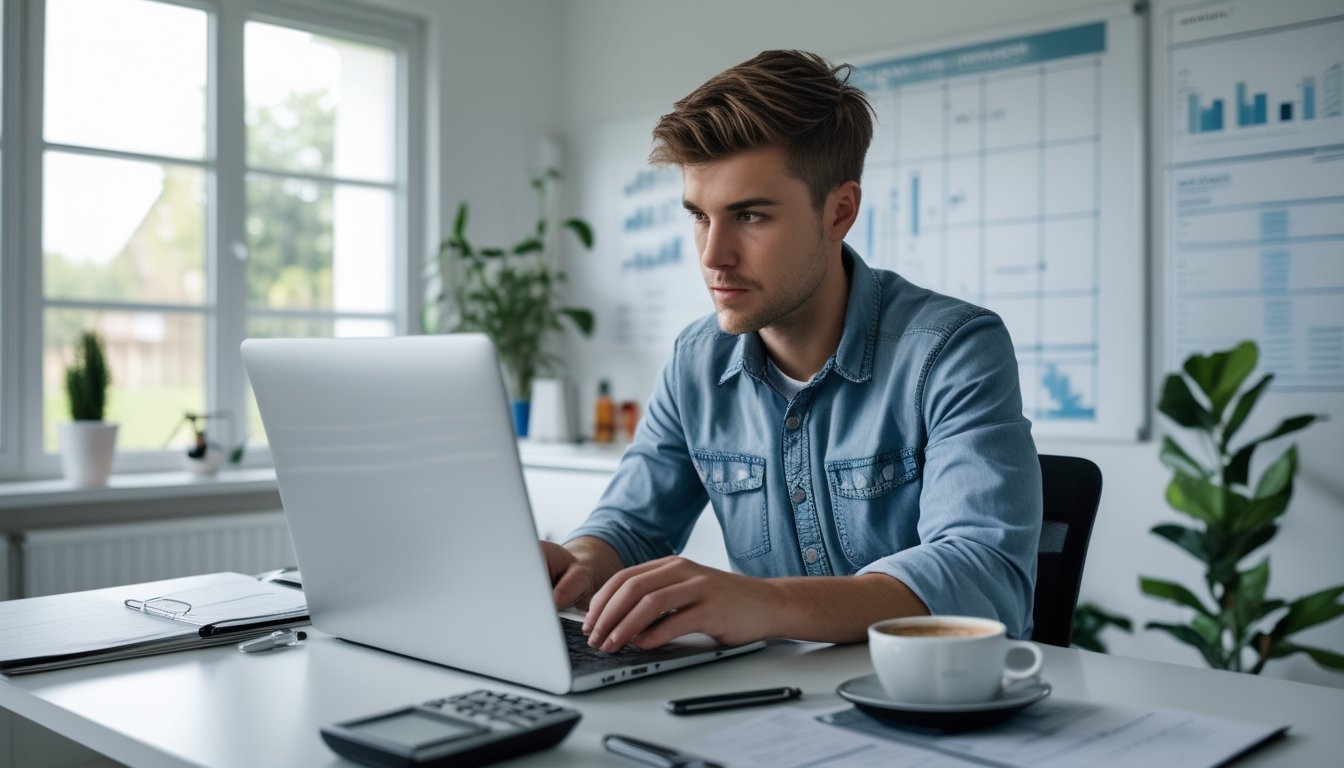 Seorang pria muda duduk di meja kerja dengan laptop dan alat tulis, terlihat fokus dan tenang saat menganalisis data di ruang kerja yang terang.