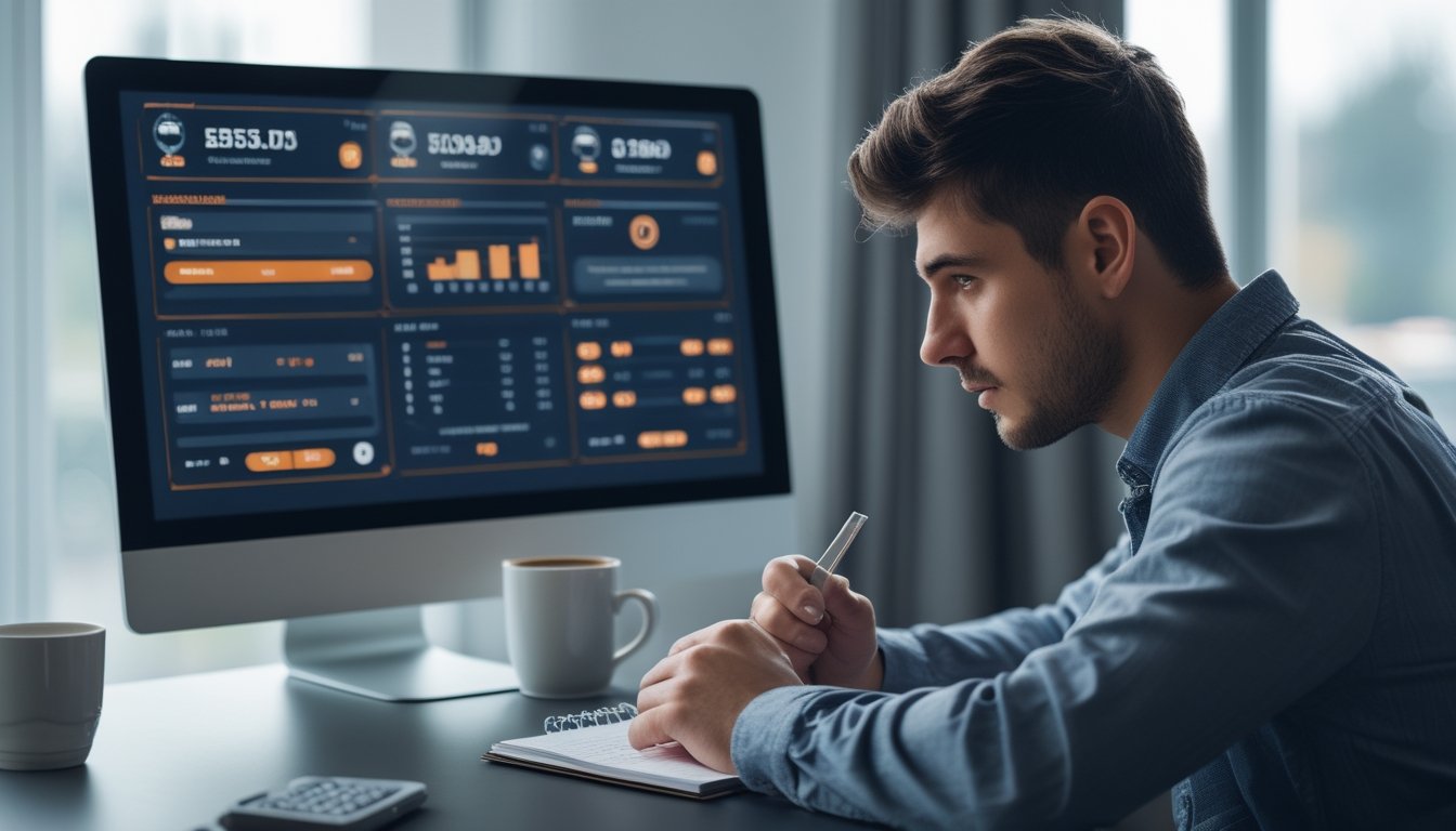 Seorang pria muda duduk di meja dengan beberapa layar digital menampilkan statistik taruhan, sedang mencatat dengan serius untuk mengelola risiko taruhan.