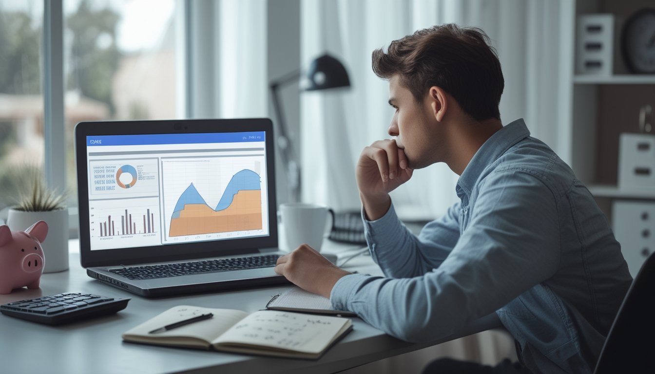 Seorang dewasa muda duduk di meja dengan laptop, melihat grafik keuangan dan alat hitung, menunjukkan pengelolaan risiko dan keuangan dengan hati-hati.