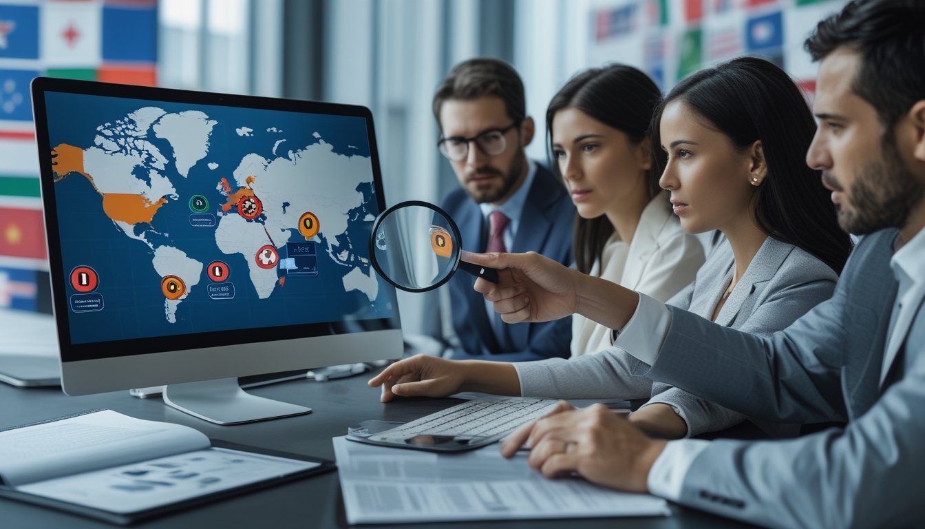 Orang-orang di ruang kerja modern sedang menganalisis peta dunia dan ikon situs web di laptop untuk membedakan situs online legal dan ilegal.