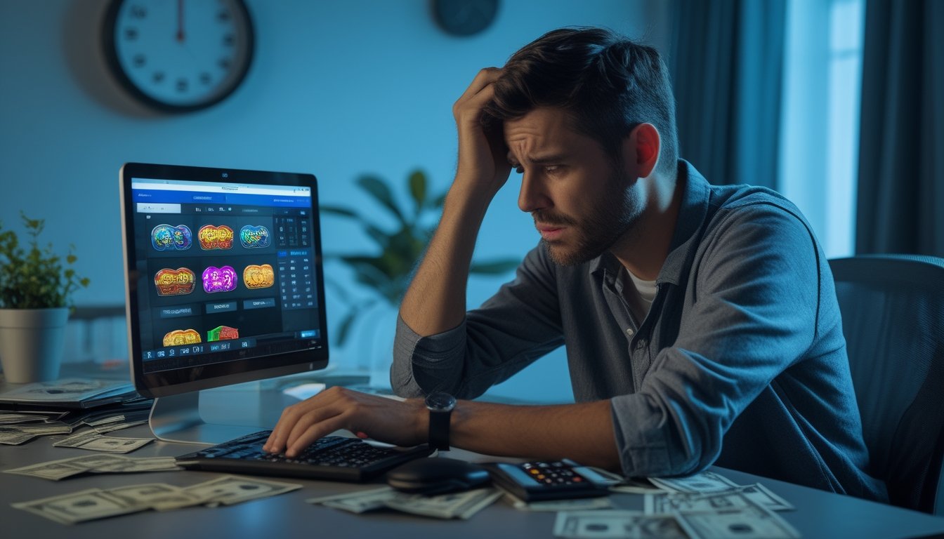 Seorang dewasa terlihat stres duduk di meja dengan laptop yang menampilkan situs perjudian online, dikelilingi oleh tagihan dan kartu kredit, menunjukkan tekanan keuangan dan kecemasan.