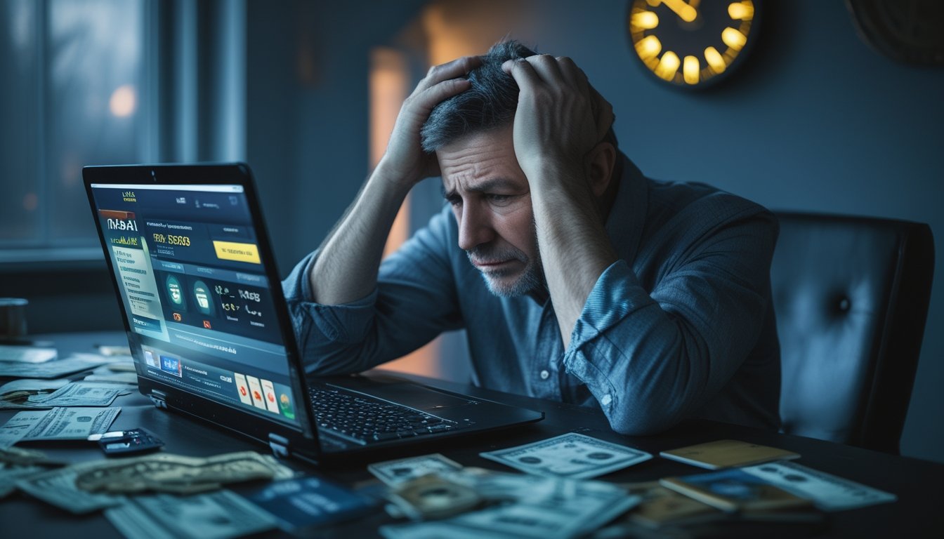 Seseorang duduk di meja dengan wajah cemas, dikelilingi tagihan dan kartu kredit, sambil melihat laptop yang menampilkan situs perjudian online.