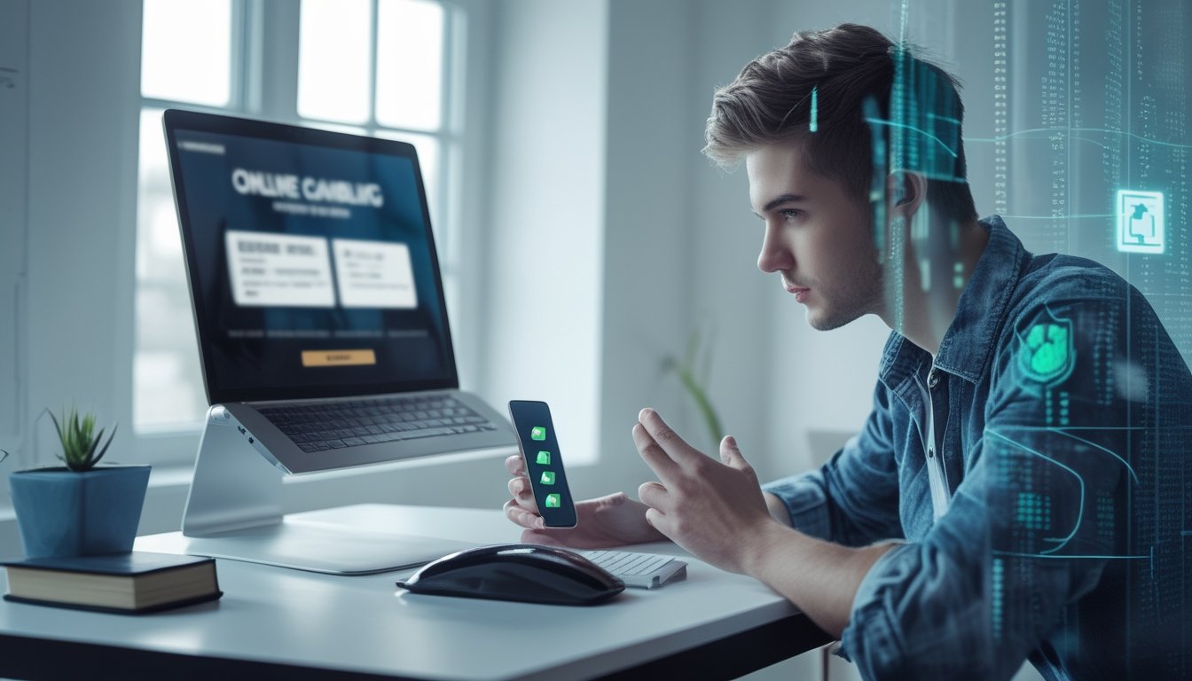 Seseorang duduk di depan laptop dengan ekspresi fokus, memegang ponsel yang menampilkan peringatan keamanan, di meja terdapat simbol keamanan seperti gembok dan daftar centang.