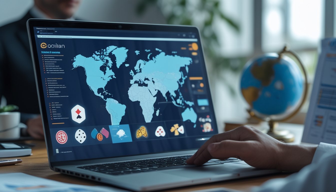 Meja kerja modern dengan laptop yang menampilkan peta digital dan ikon terkait perjudian serta simbol hukum seperti palu hakim dan timbangan keadilan.