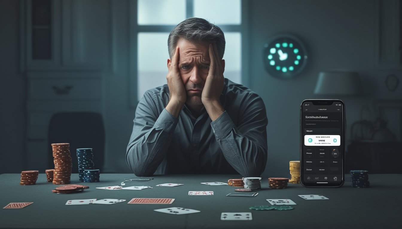 Seorang pria duduk sendiri di meja dengan kartu remi dan chip poker, terlihat cemas dan tegang.