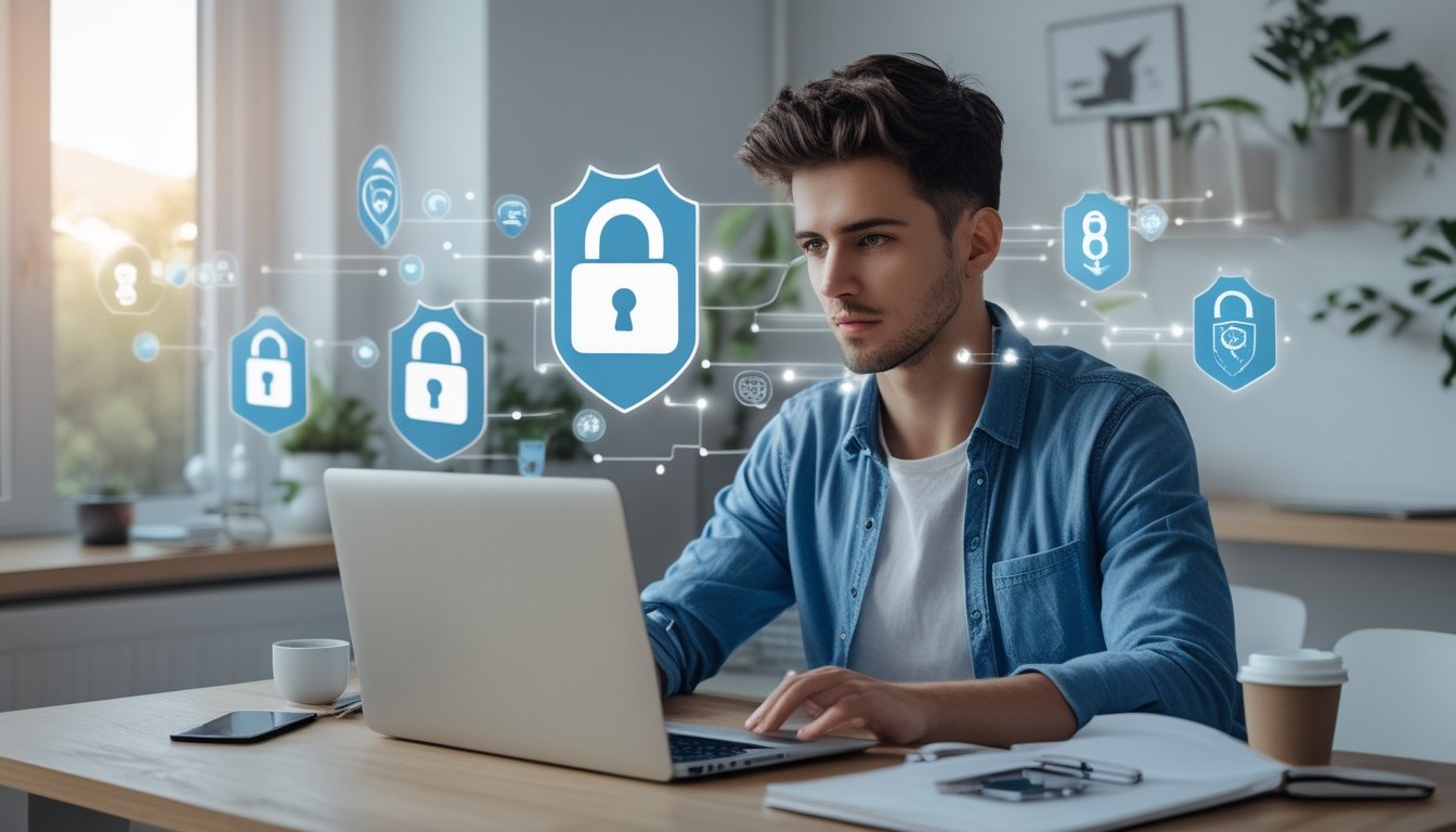 Seorang dewasa muda duduk di meja kerja dengan laptop, dikelilingi ikon keamanan digital seperti gembok dan perisai yang melambangkan perlindungan data saat menggunakan internet.