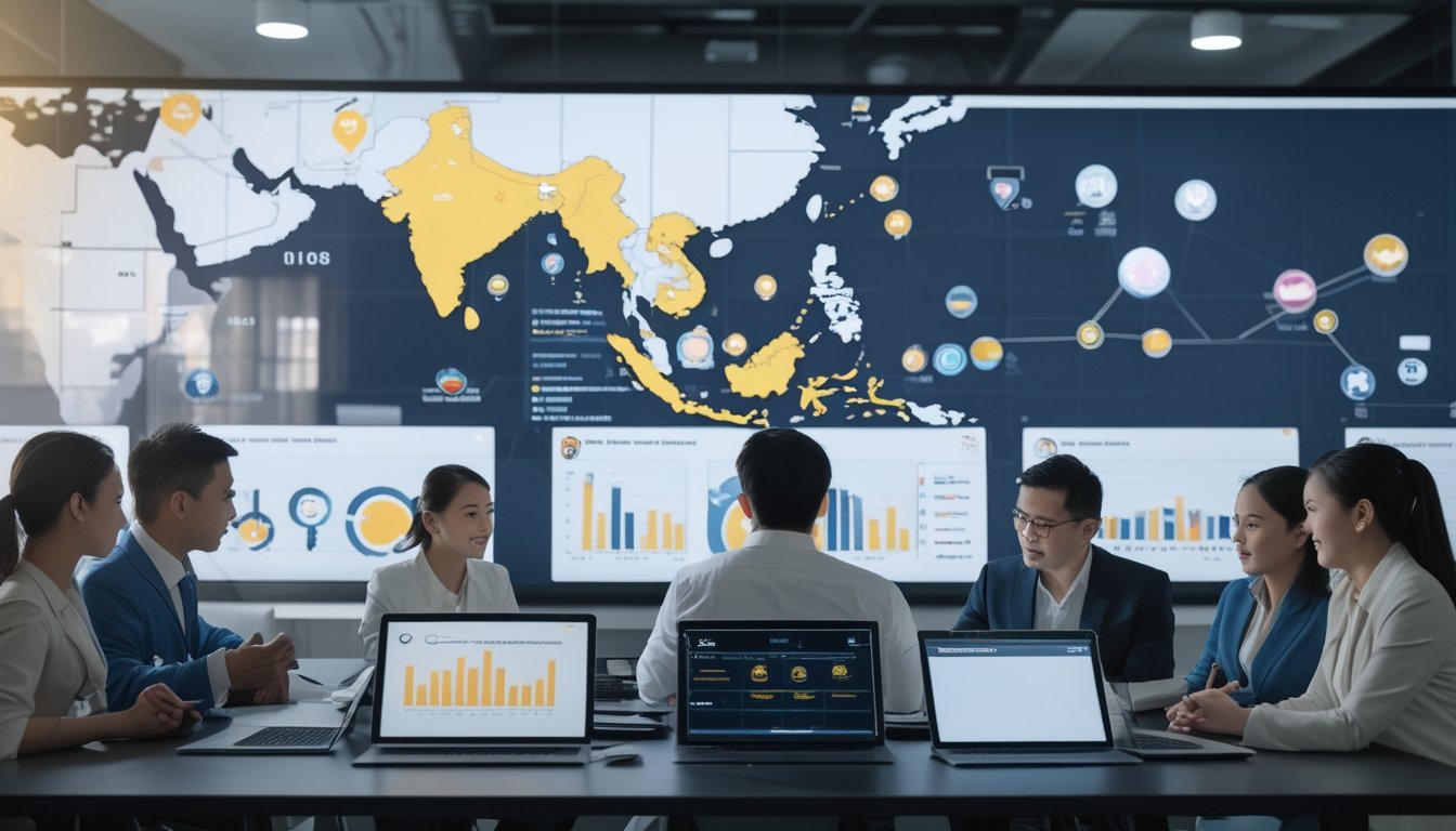 Sekelompok profesional dari Asia Tenggara sedang berdiskusi di ruang kantor modern dengan perangkat digital dan peta digital kawasan Asia Tenggara di latar belakang.